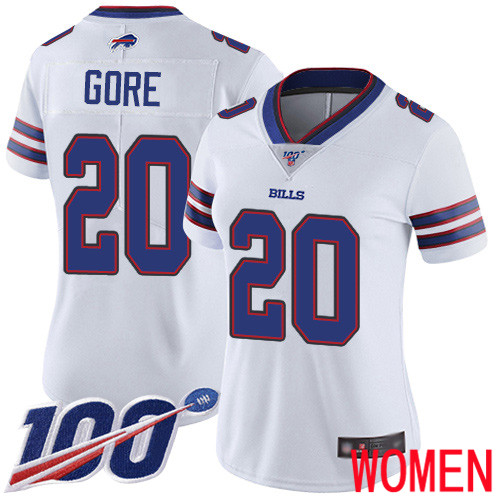Women Buffalo Bills 20 Frank Gore White Vapor Untouchable Limited Player 100th Season NFL Jersey